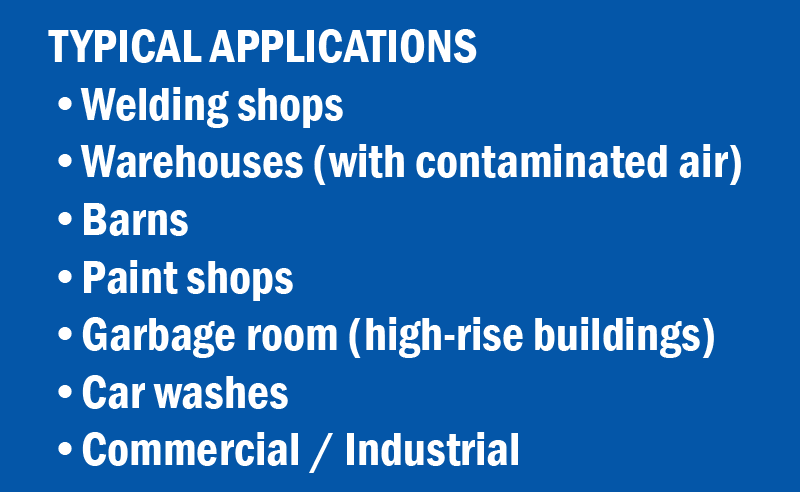 Typical applications for Modine separated combustion unit heaters - welding shops, warehouses (with contaminated air), barns, paint shops, garbage room (high-rise buildings), car washes, commercial / industrial, etc.