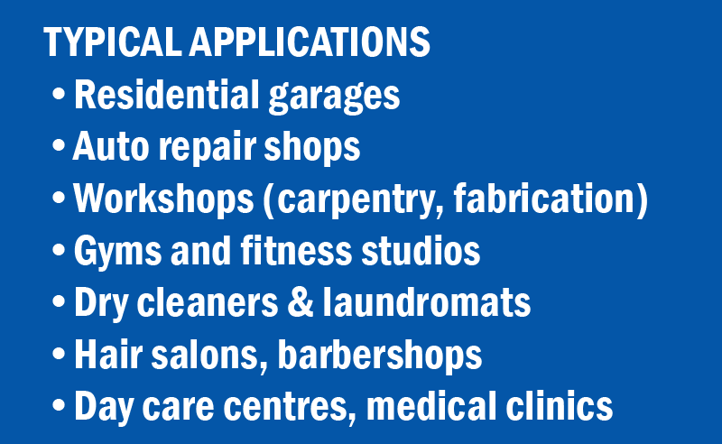 TYPICAL APPLICATIONS OF AMPDAWG ELECTRIC UNIT HEATERS - •Residential garages •Auto repair shops •Workshops (carpentry, fabrication) •Gyms and fitness studios •Dry cleaners & laundromats •Hair salons, barbershops •Day care centres, medical clinics