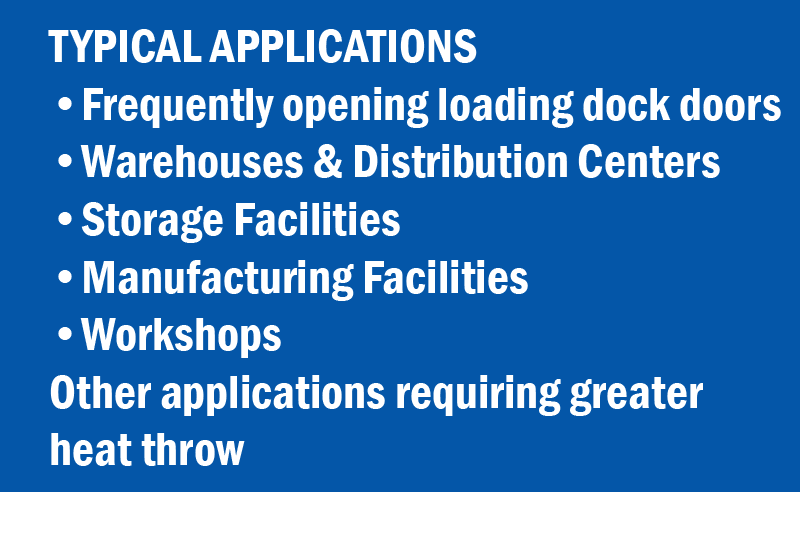 TYPICAL APPLICATIONS OF POWER-THROW ELECTRIC UNIT HEATERS - •Frequently opening loading dock doors •Warehouses & Distribution Centers •Storage Facilities •Manufacturing Facilities •Workshops Other applications requiring greater heat throw